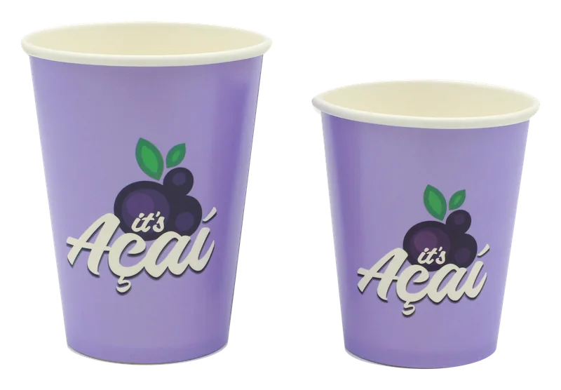 Zwei lila Papierbecher von It's Açaí in zwei Größen