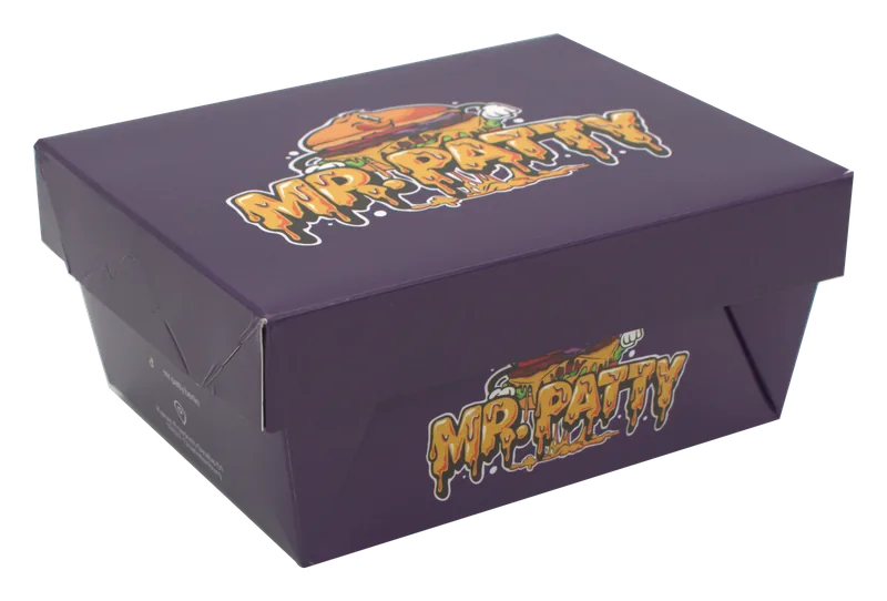 Geschlossene dunkellila Kartonbox von Mr. Patty mit buntem Logo