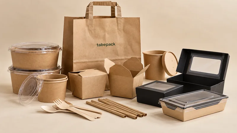 Sortiment aus Kraftpapier: Tragetasche mit tabepack-Logo, Bowls mit Deckel, Foodboxen, Suppenbecher, schwarze Boxen mit Sichtfenster, Holzbesteck und Papierstrohhalme
