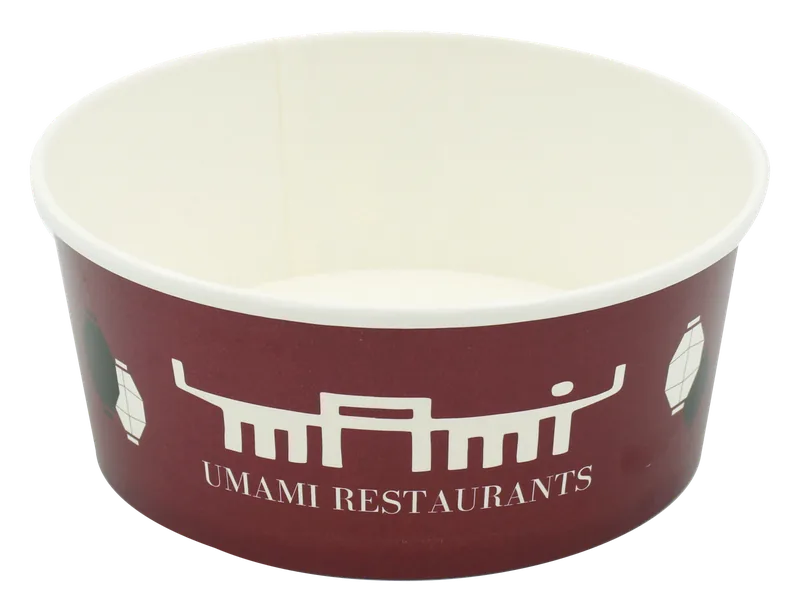 Bordeauxrote Papier-Bowl von Umami mit weißem Logo